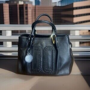 DAKS London Black Pebbled Leather Satchel Bag Gold Hardware Braided Detail